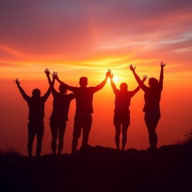 Participantes de Norte Físico celebrando en la cima de una montaña al amanecer