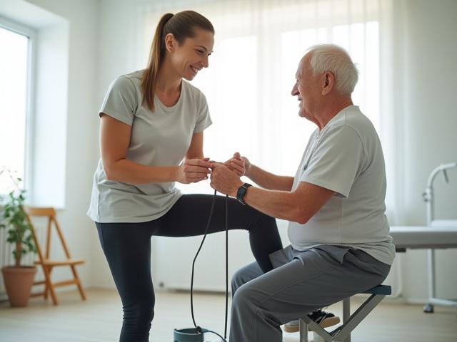 Fisioterapeuta asistiendo a un paciente en ejercicio de rehabilitación de pierna