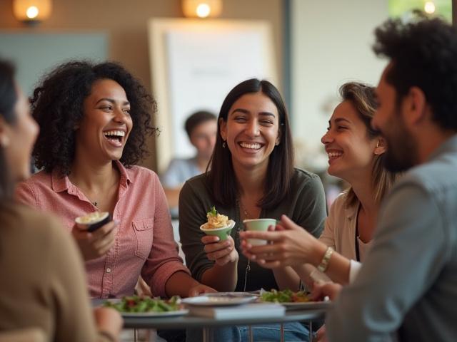 Participantes riendo y conversando en un descanso de taller, fomentando la comunidad.